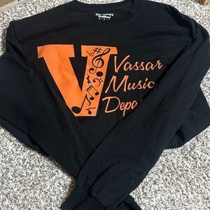 Gildan Black Long Sleeve Tee with Orange Vassar Music Depot Graphic